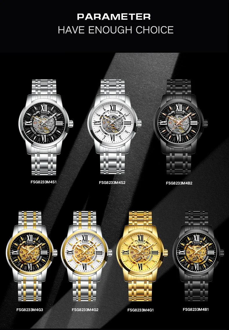 Winner Roman scale Skeleton Mechanical Wristwatch Retro Luminous Hands Luxury Brand Cool Black Watches Stainless Steel Waterproo