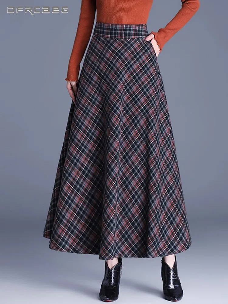 

High Waist Vintage Plaid Women Woolen Skirts Long 2023 Casual Loose Big Swing Thicken Saias Longas Femme
