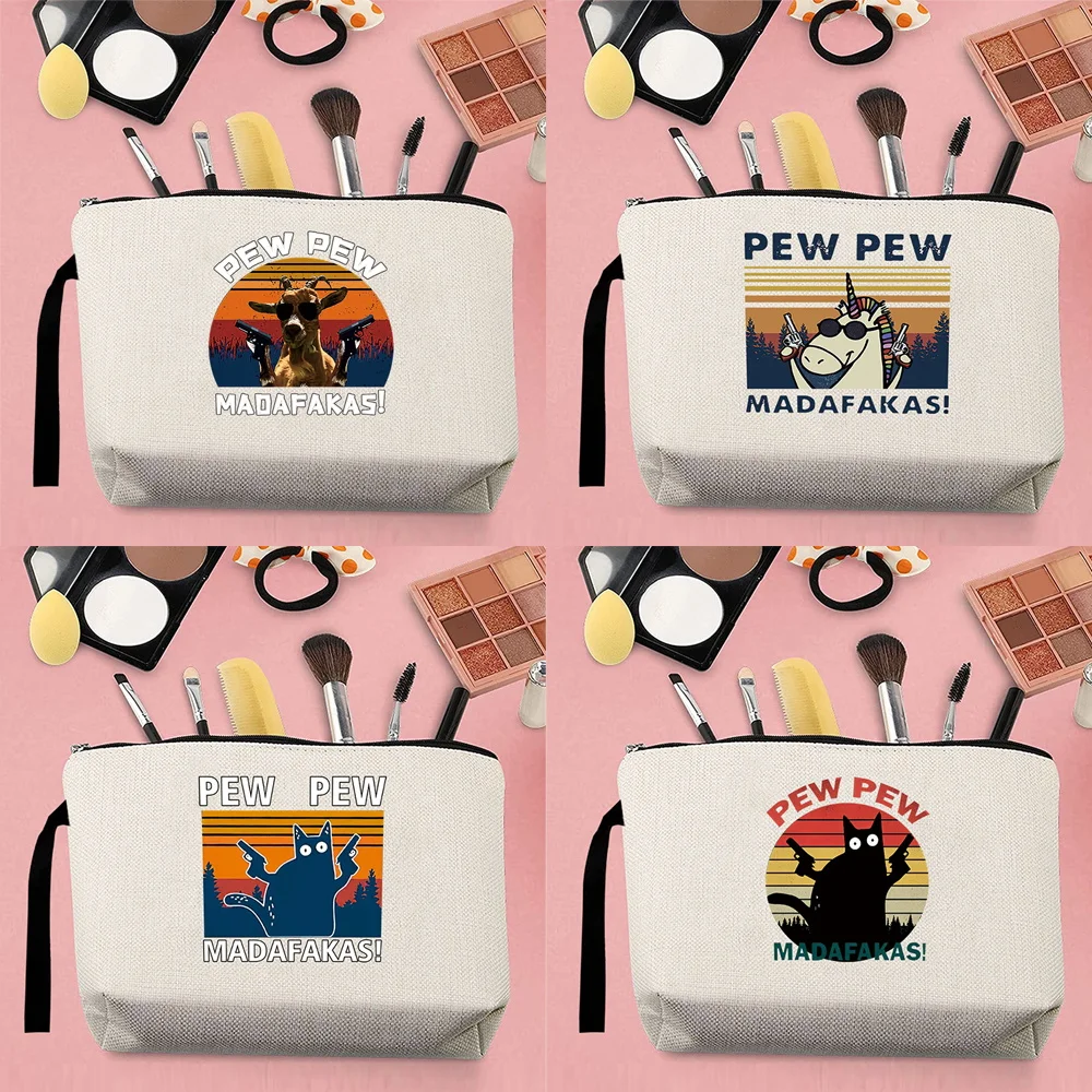 

Fashion Woman Makeup Storage Bag Travel Toiletries Canvas Cartoon Pew Pattern Printed Carry Rope Beige Coin Purse Pencil Case
