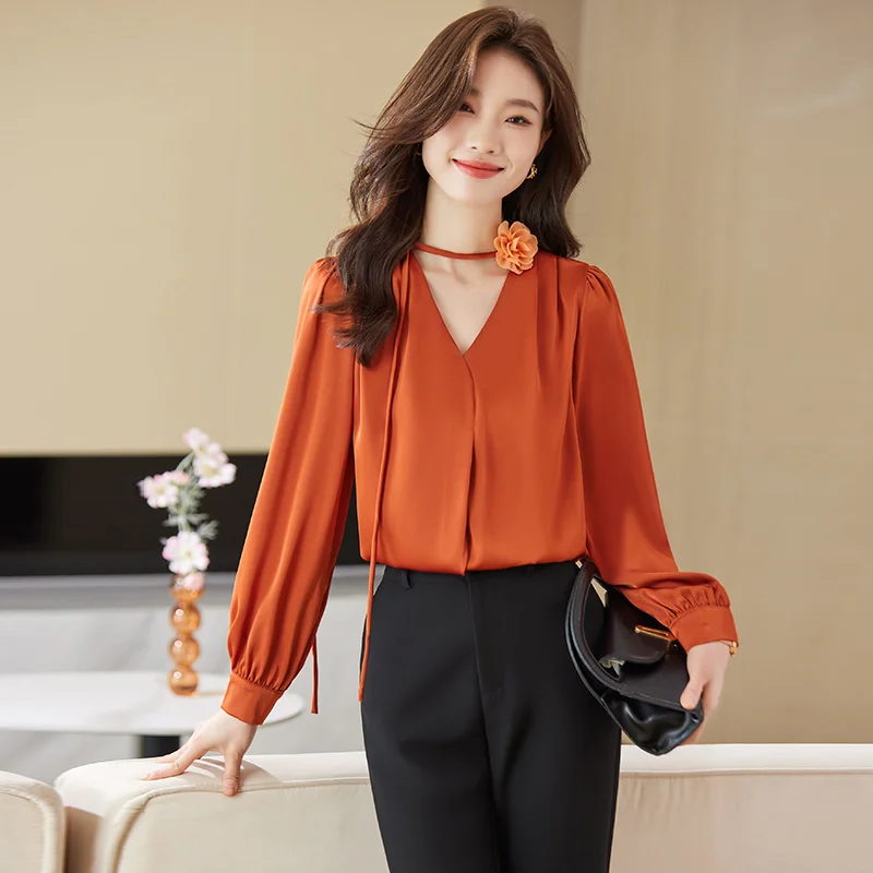 Womens Clothing Orange Chiffon Blouse NAVIU Orange Shirt Women New