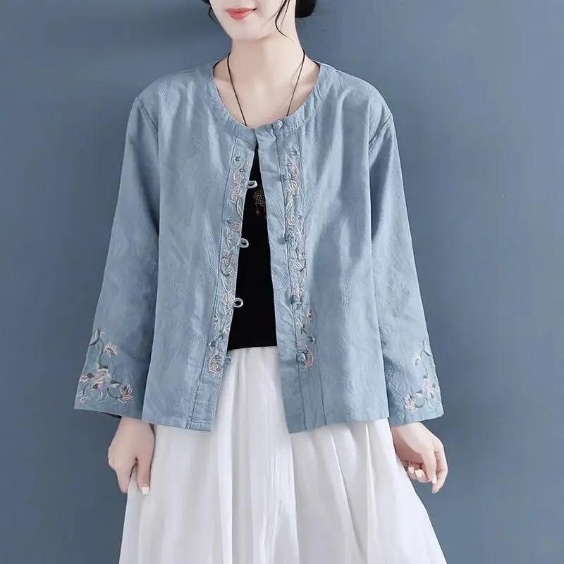 

Frog Chinese Style Spring Vintage Embroidery Tops Cotton and Linen Embroidered Loose Round Neck Jacquard Long Sleeved Cardigan