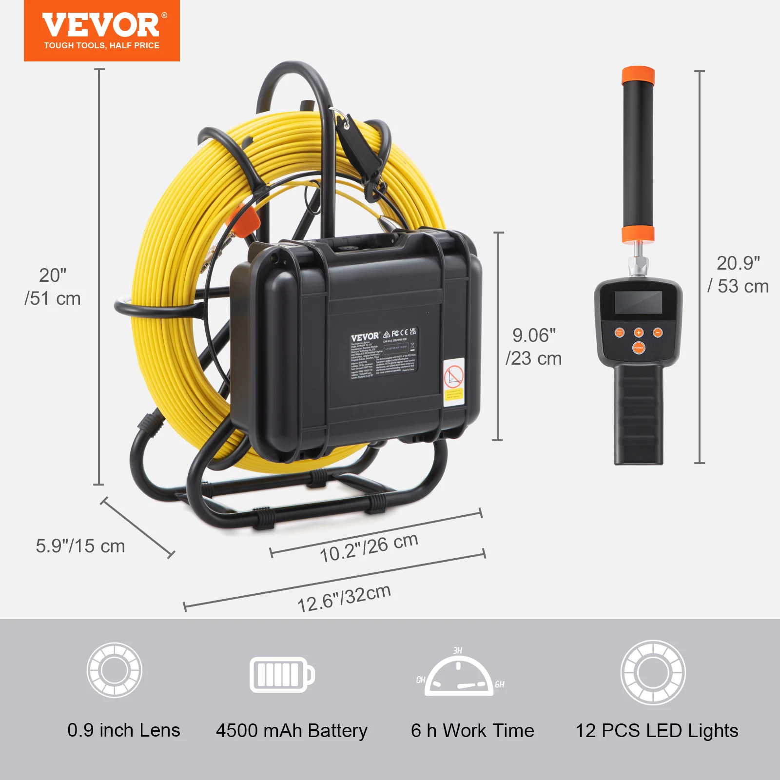 VEVOR Sewer Camera with 512Hz Locator IP68 9 Pipeline Inspection Camera w/DVR  Function w/12 Adjustable LEDs and 16 GB SD Card