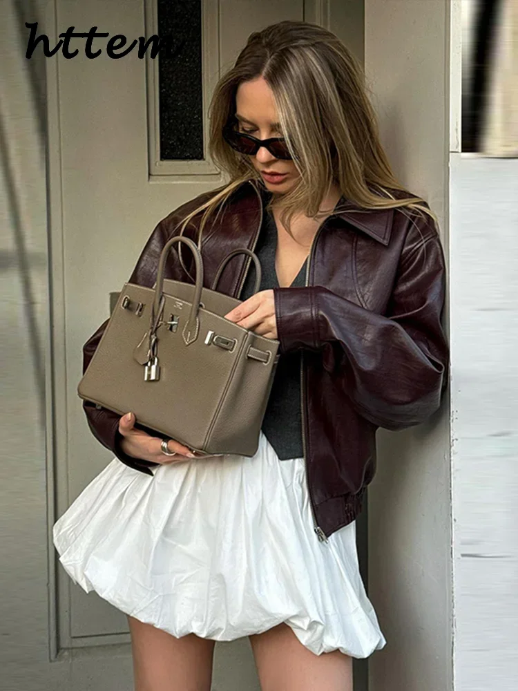 Fashion Zipper Short Leather Jackets Women Loose Lapel Long Sleeve Spliced Cropped Coats 2024 Autumn Lady Solid Y2k Streetwear 4