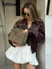 Fashion Zipper Short Leather Jackets Women Loose Lapel Long Sleeve Spliced Cropped Coats 2024 Autumn Lady Solid Y2k Streetwear 4