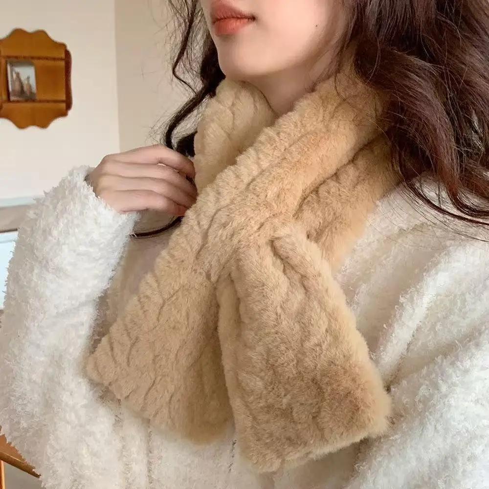 Women Solid Color Faux Rabbit Fur Scarf Cross Short Scarf Thickened Warm Neck Warmer Women's Autumn And Winter Warm Fur Collar