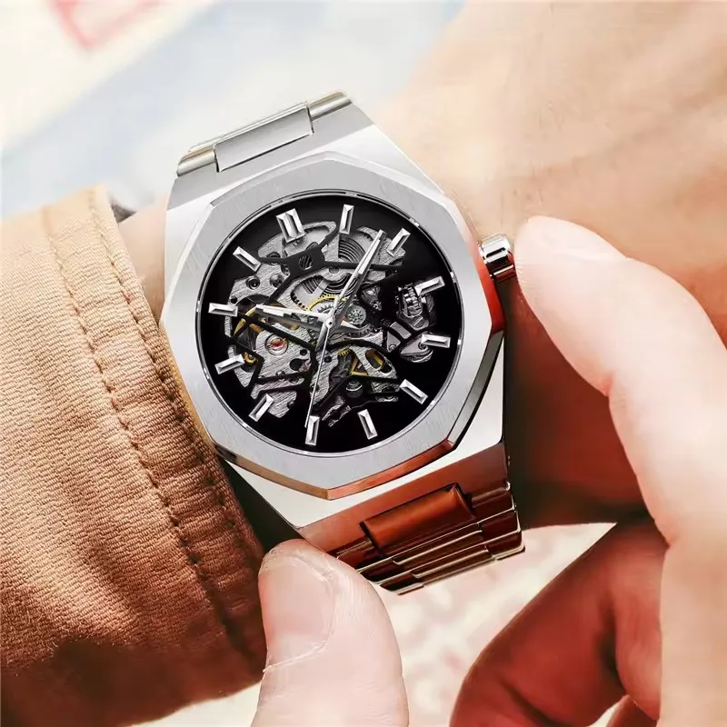 Forsining 344d Fashion Skeleton Men's Mechanical Watch Automatic Movement Pointer Night Light Steel Watch Advanced Men's Clock, Alina Gadgets