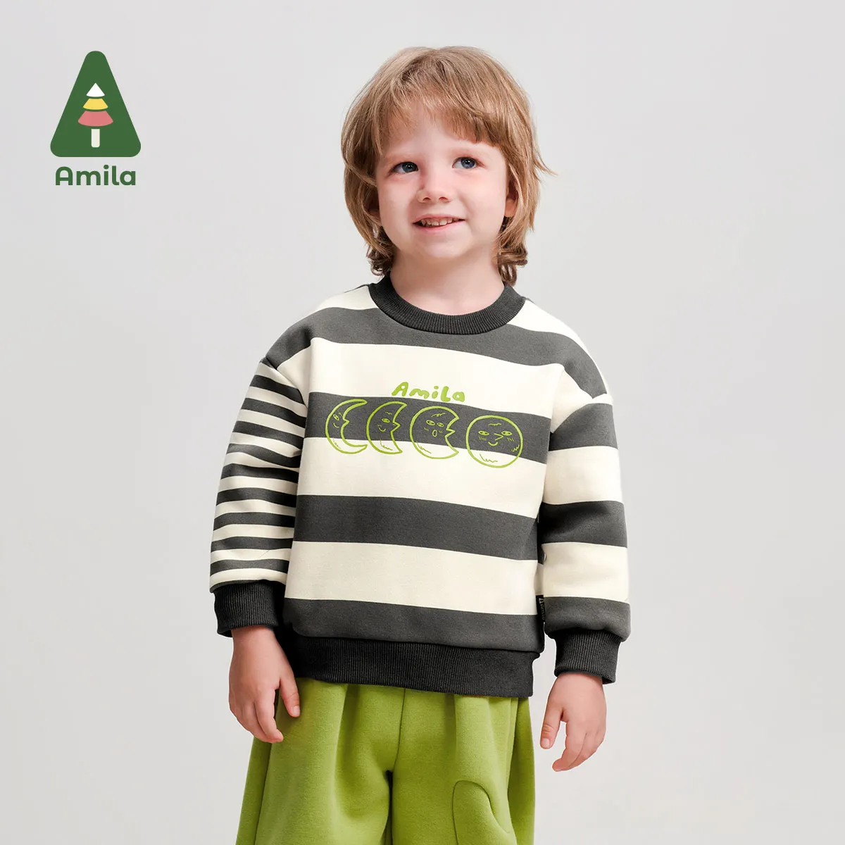 Amila Baby Sweatshirt Winter New High Quality Boys And Girls Striped Plus Velvet Warm Skin-Friendly Loose Children&rsquo;s Tops