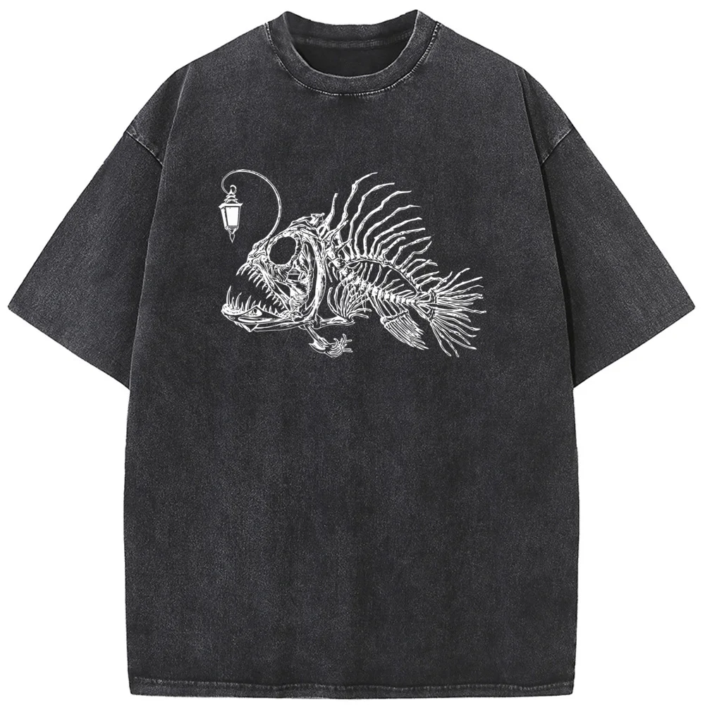 

Anglerfish Fishbone Lantern Fish Washed T-Shirt 230g Cotton Funny Loose Bleached Tshirt Retro Fashion Hip Hop Bleach T shirt