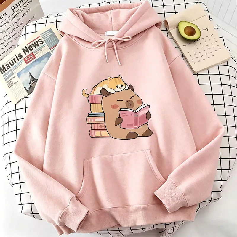 Cat and Capybara Reading Cozy Hoodie - Casual Harajuku Sweatshirt
