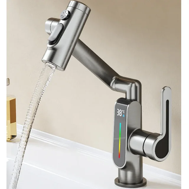 360 degree rotating faucet with universal digital display washbasin bathroom hot and cold multifunctional mechanical arm faucet 1