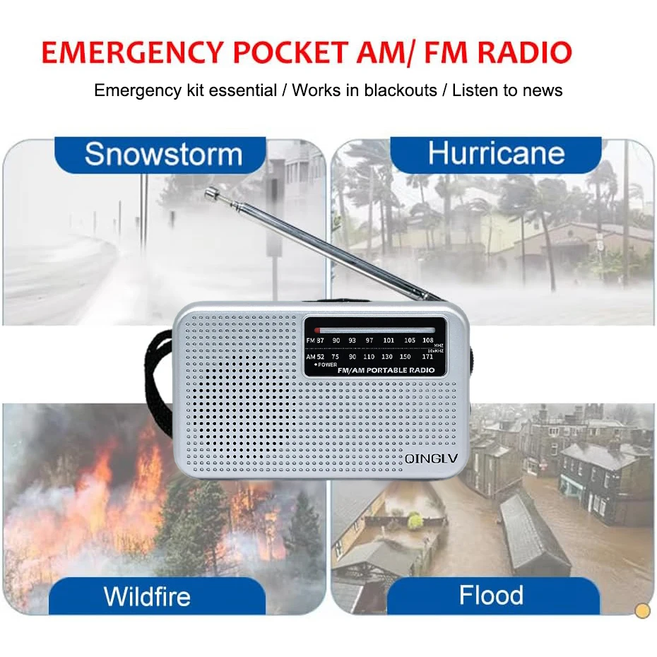 휴대용 AM/FM 비상 라디오 배터리 구동식 텔레스코픽 안테나 헤드폰 잭 (실내/실외 캠핑, 생존, 가정용)