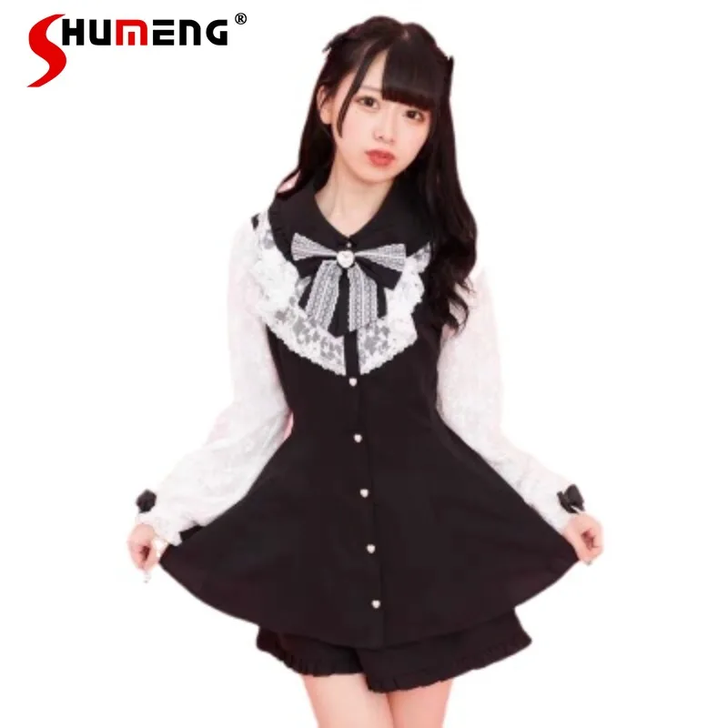 SC Suit Japanese Mine Mass-Produced Long-Sleeved Imitation Dress Outfits High Slimming Shirt Shorts 2-Piece Sets Women's Clothes
