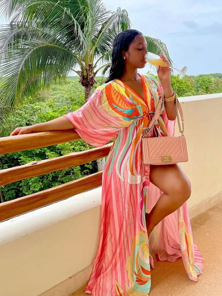 Bikini Cover-ups Boho Print Long Dress Self Belted Beach Tunic Summer Women Beach Wear Swim Suit Cover Up beach cover swimsuit cover