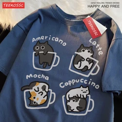 Mocha Latte Cat Graphic Pure Cotton Trendy Summer T-shirt - S (Dark Blue)