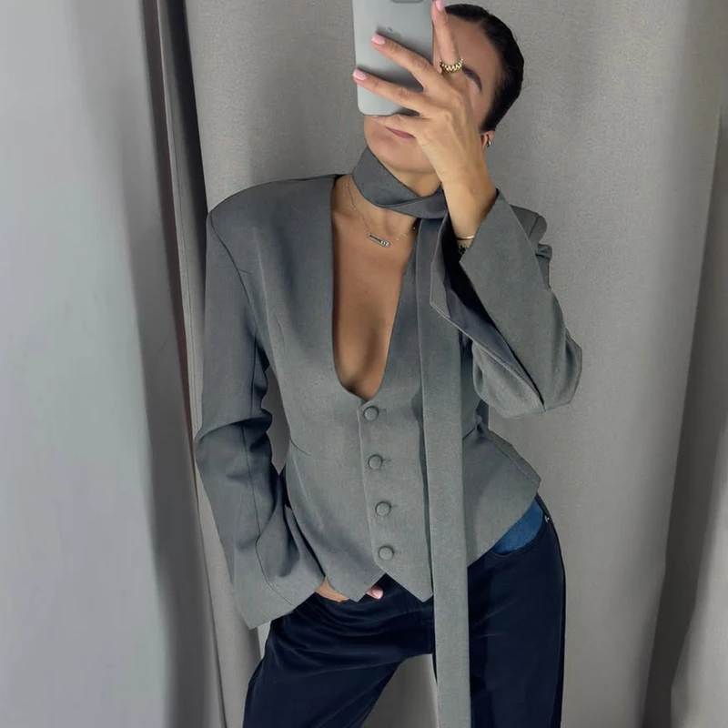 Ticketsx V Neck Scarf Blazer Jacket Women' Elegant Cinched Waist Single...