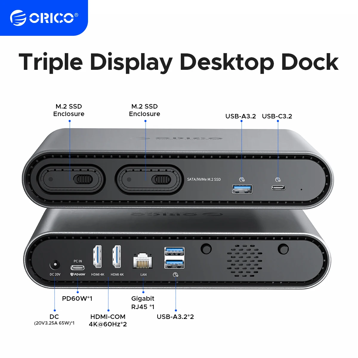 M.2 NVME SATA SSD Case Triple Display Docking Station Deck Dual 4K60Hz HDMI-com PD60W Ethernet USB3.2 10Gbps Ports external hard drive external hard drive case ssd enclosure hard drive enclosure hard disk case external hard drive box hdd case enclosure