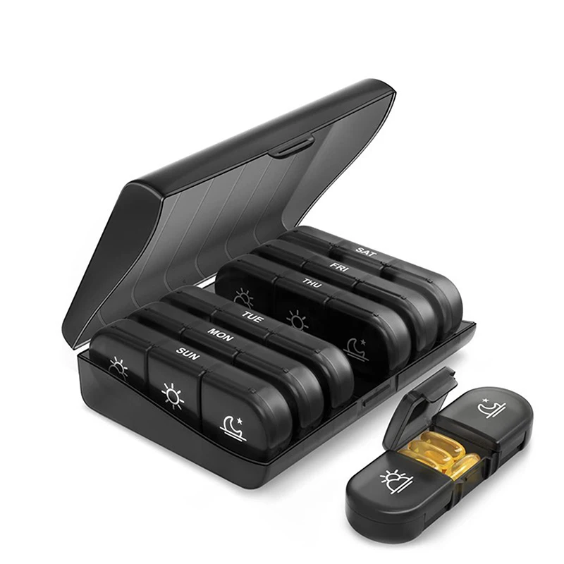 Compact 21-Compartment Portable Pill Organizer - Black