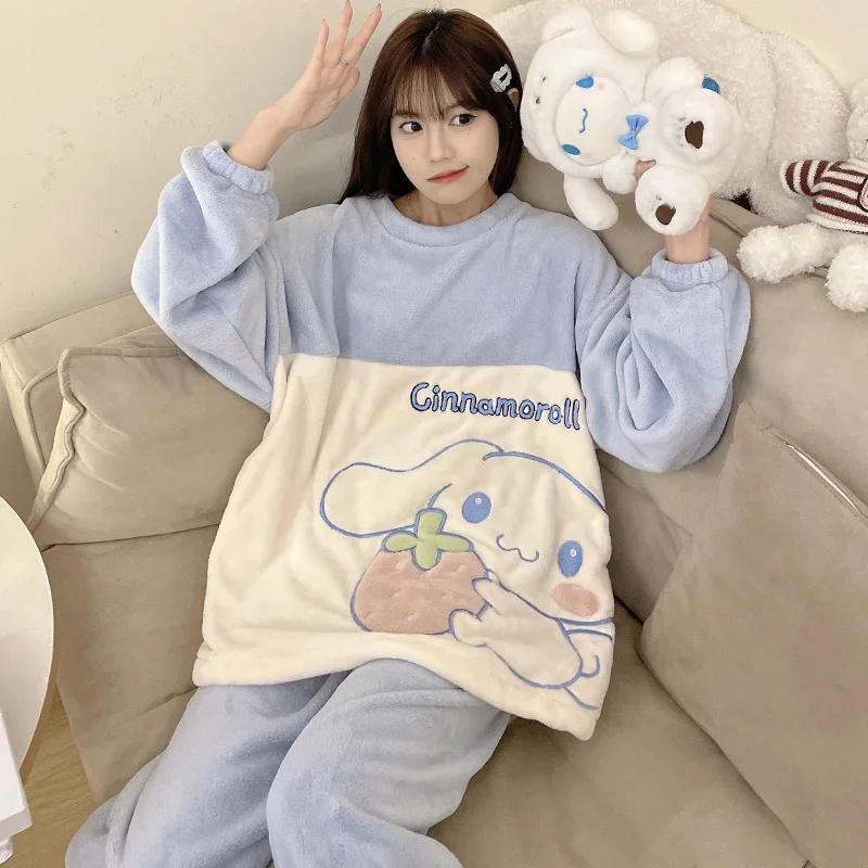 

Kawaii Sanrio Anime Cinnamoroll Plush Pajamas Cute Cartoon Character Warm Loungewear Two-Piece Set Girls Gift