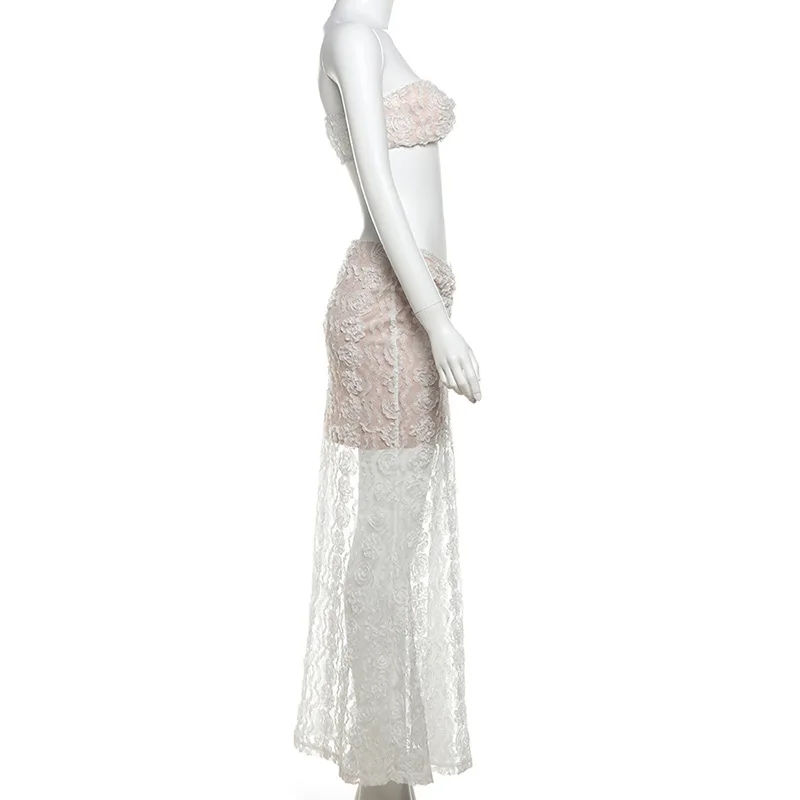 2024 Summer Elegant Solid Lace See Through Vacation 2 Piece Set Women Strapless Sleeveless Crop Top Pleated Long Mermaid Skirt