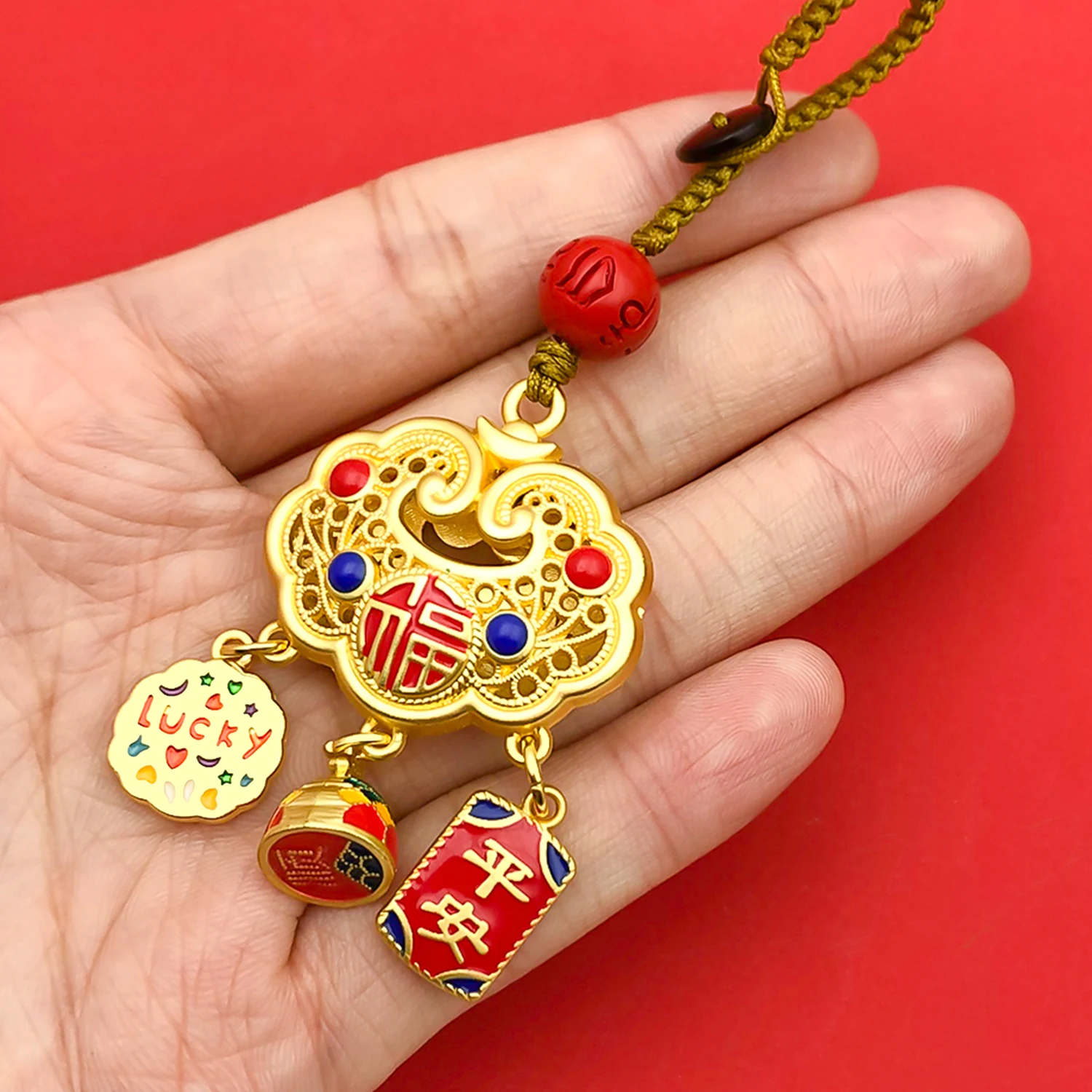 Drip-Painted Red and Gold Chinese Charms (Calabash & Fortune Lock) - Perfect for Jewelry Crafting