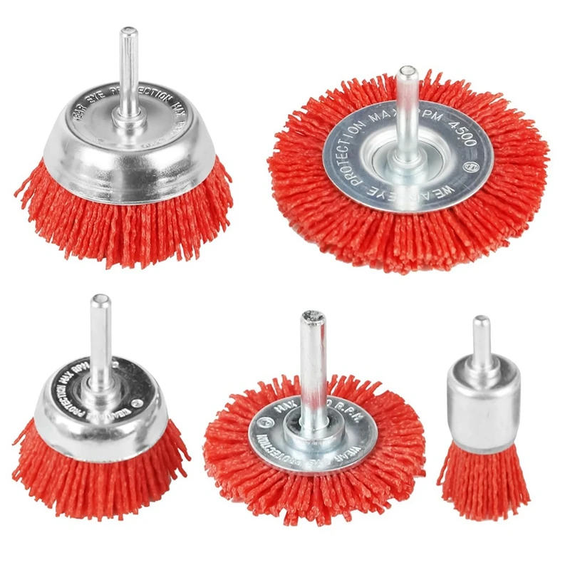 

5 PCS Nylon Filament Abrasive Wire Brush Wheel & Cup Brush Set With 1/4Inch Drill Shank, Nylon Drill Brush Set , Red Durable