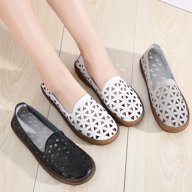 Summer Women Casual Shoes Leather Soft Loafers Female Ballet Flats Sneakers Cut Out Slip On Moccasins Breathable Ladies Footwear 3