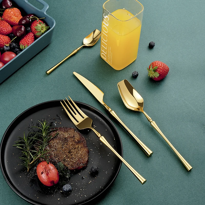 Gold 18/10 Stainless Steel Dinnerware Luxury Cutlery Meat Knives Fork Spoon Tableware Western Food Restaurant Dishwasher Safe Cutlery Set Western Style Cutlery Set Stainless Steel Cutlery Set