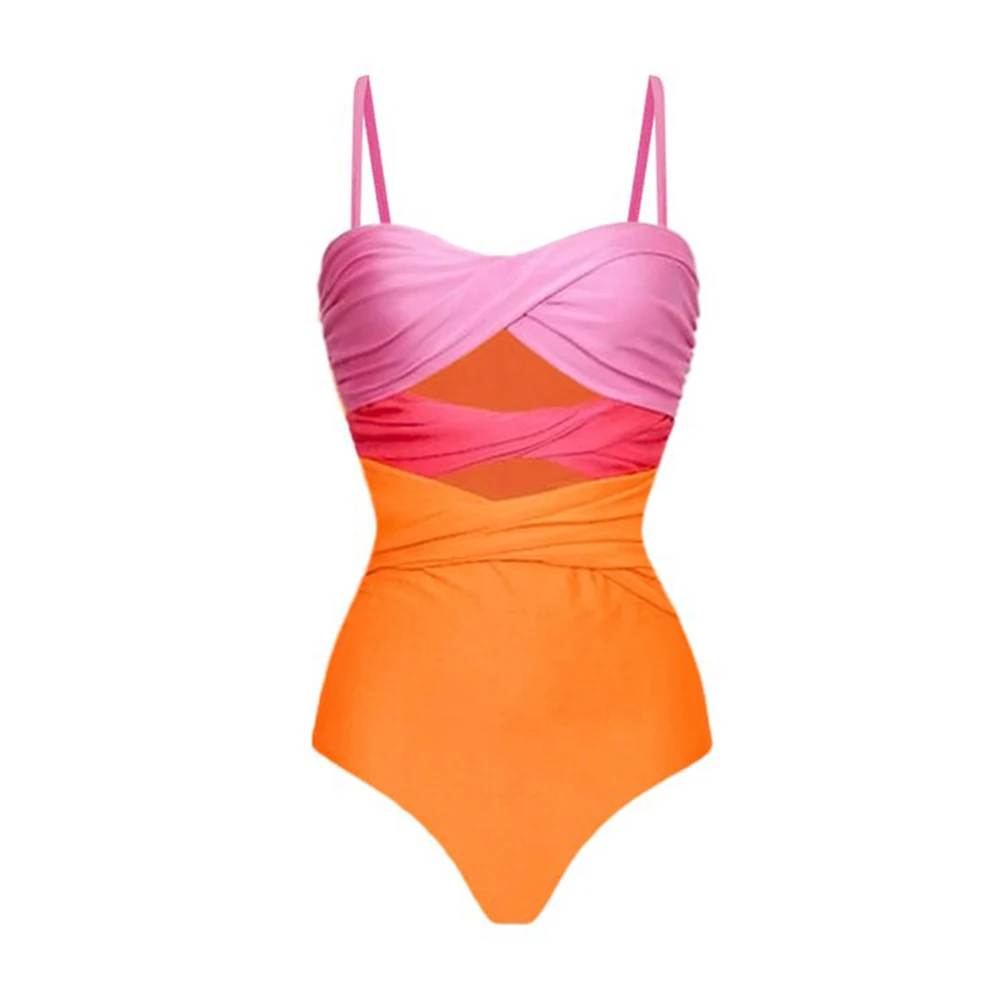 

Fashion Colorblock Beach One Piece Swimsuit Tankini Women Swimming Suits Swimwear Patchwor Bandage Swimsuit Thong Underwear Bra