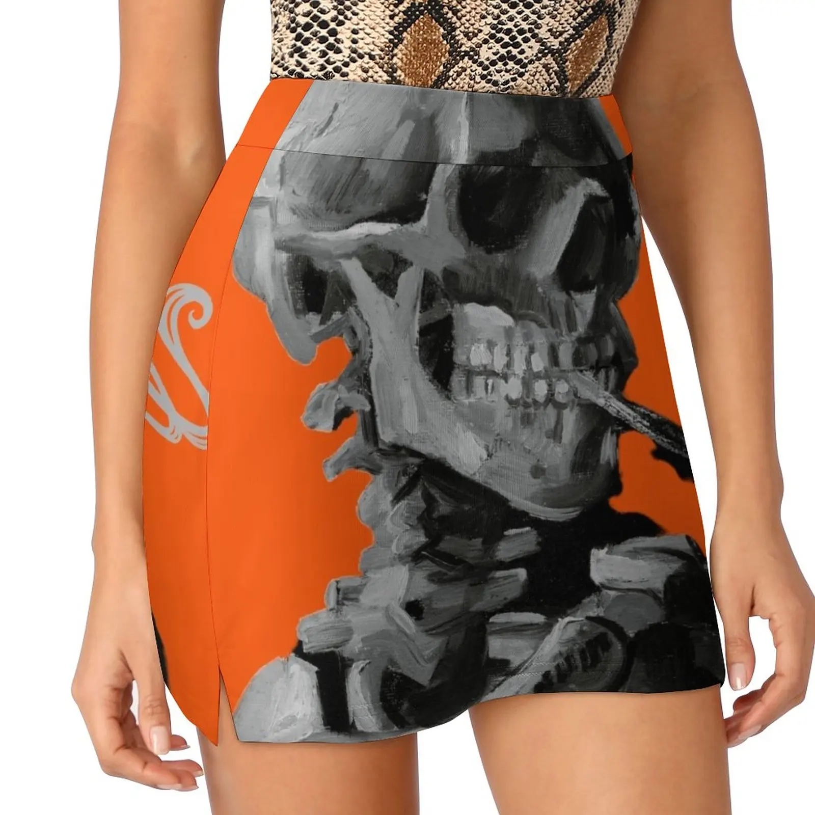 

Halloween Van Gogh Skull Skeleton Black & White remastered with Blunt, orange Light proof trouser skirt Women skirts