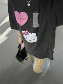 Y2K Hello Kitty T-shirt Anime Printing Loose Round Neck T-shirt Cartoon Originality Tees Fashion Comfort Leisure Versatile Tops 1