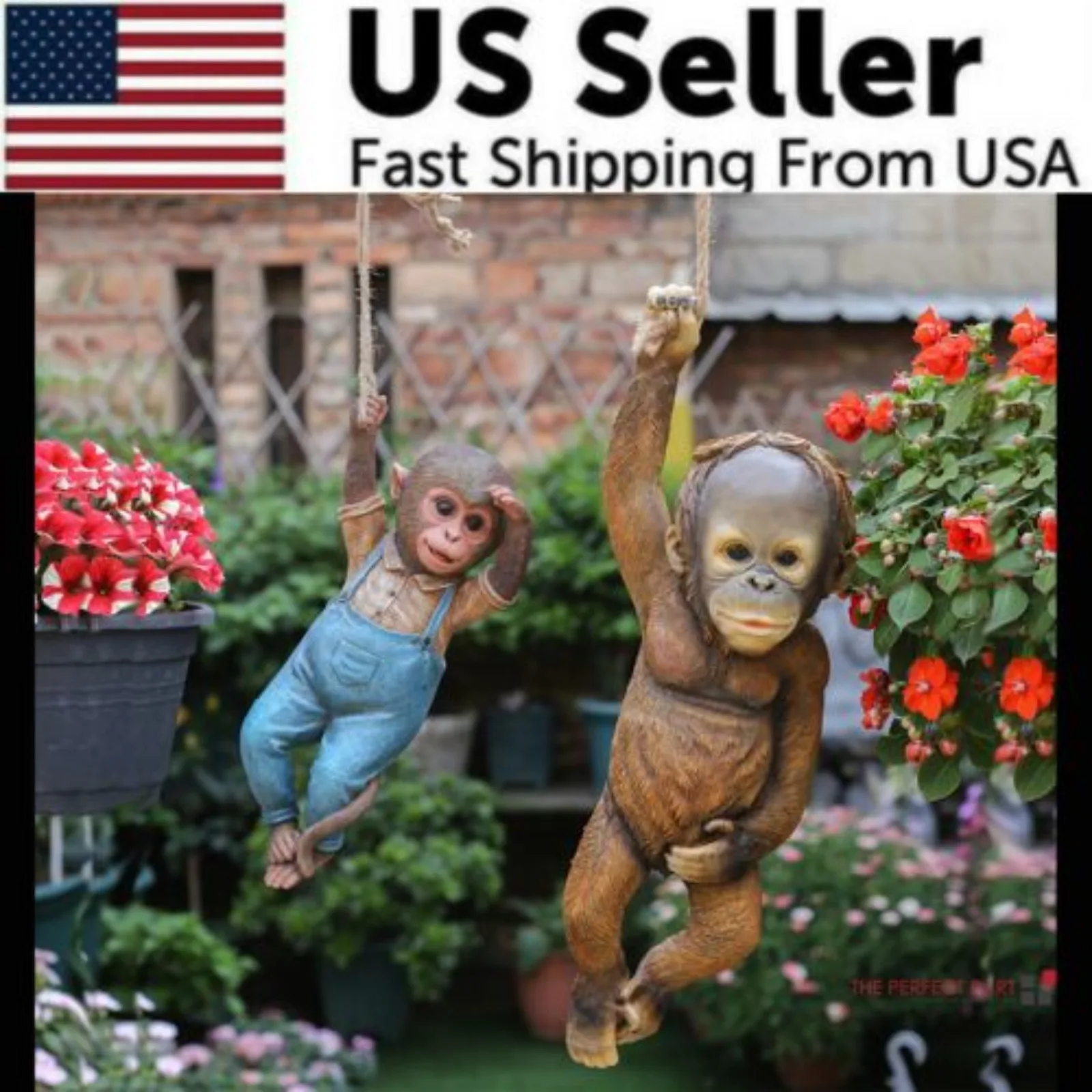 

Monkey Chimp Hanging Rope Garden Ornament Outdoor Statue Sculpture Resin Decor