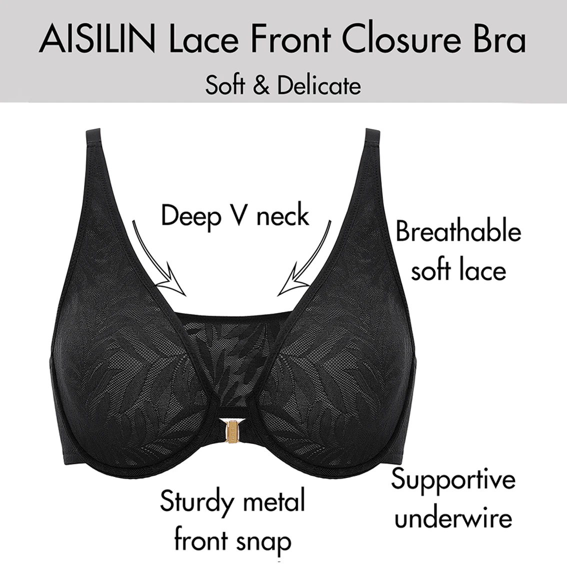 Women's Front Closure Bras Unlined Floral Lace Soft Plunge Sexy Underwire Plus Size Black Red Beige