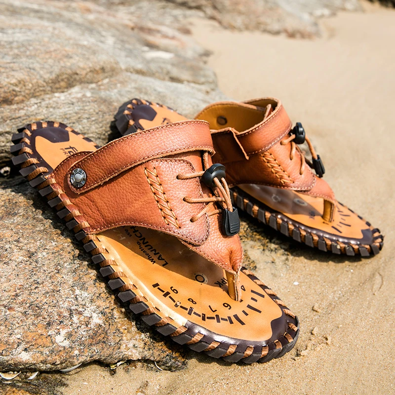 Genuine Leather Sandals Men Cow Leather Half Drag Quick Dry Beach Flip Flops Summer Outdoor Footwear Male Dual-Purpose Slippers