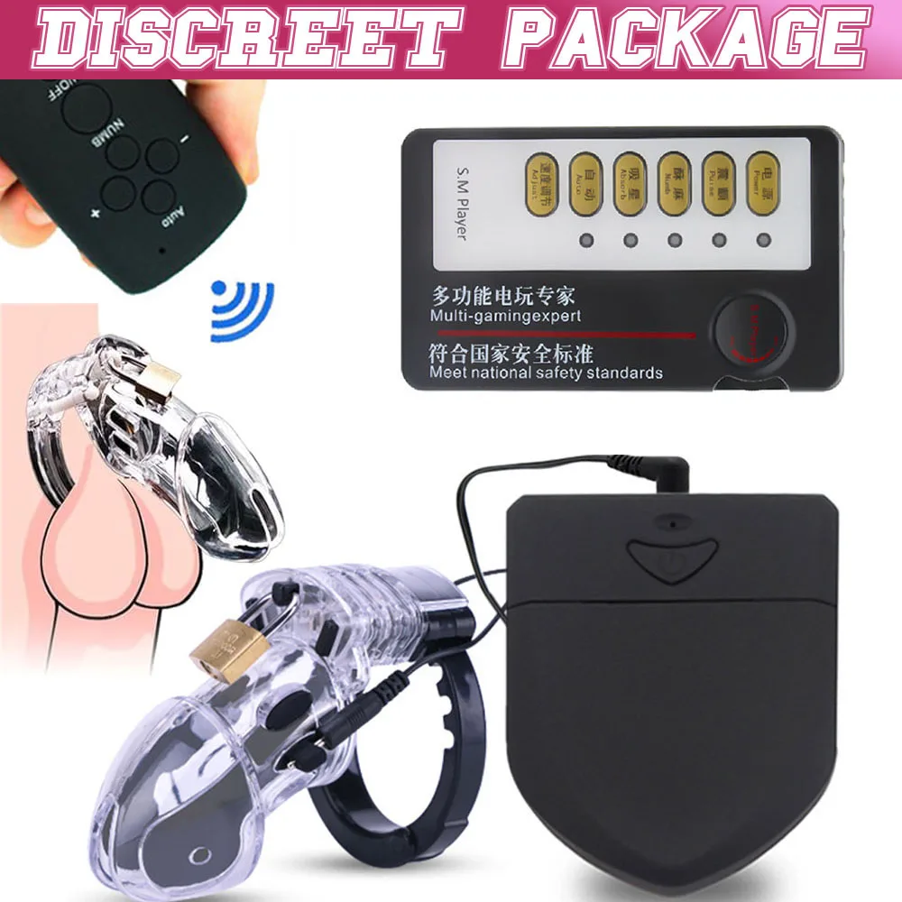 Mens Adjustable Shock Penis Cock Cage E-Stim Chastity Device Electro control box with Remote Controller penis chastity cage chastity lock sex toy chastity cage accessory