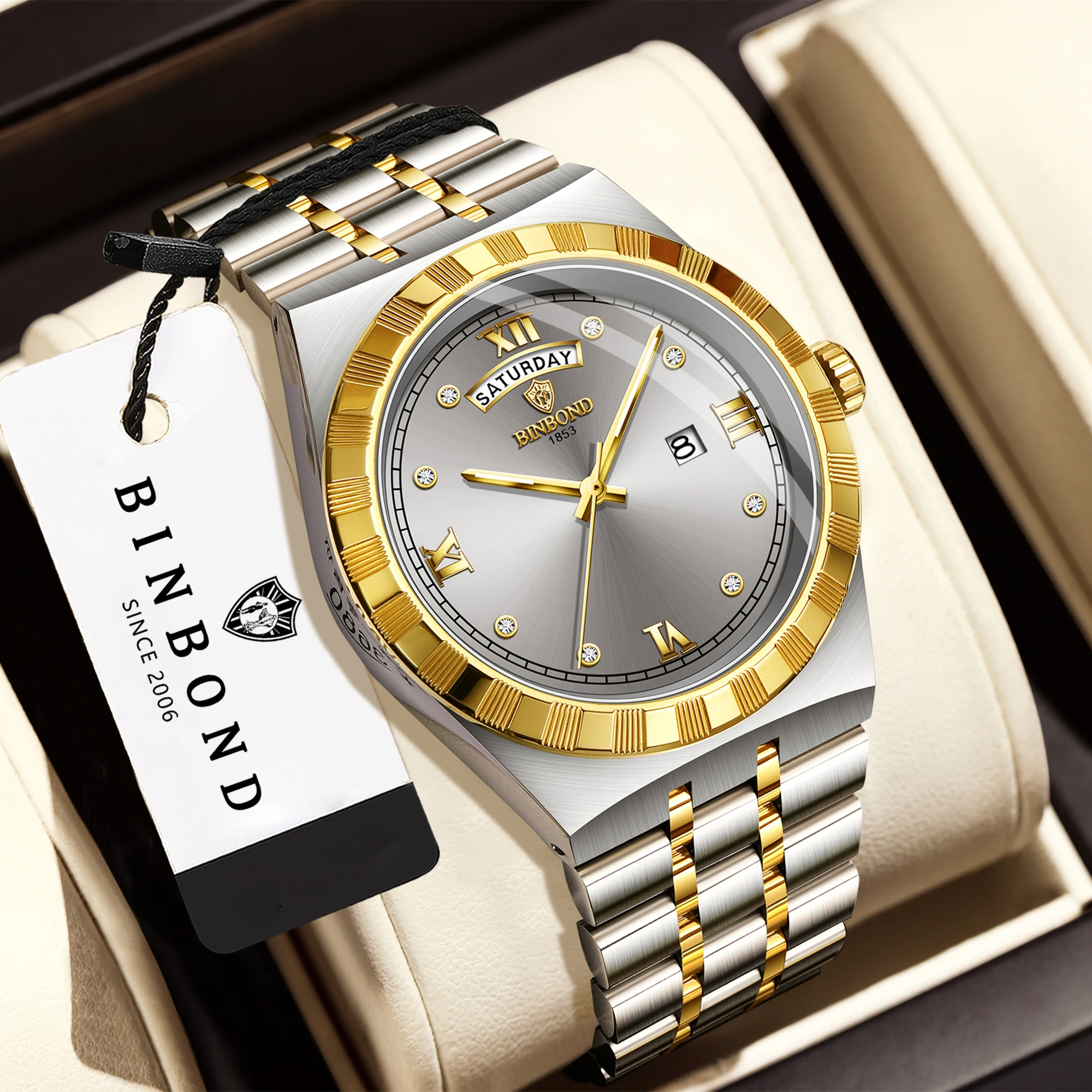BINBOND Luxury Luminous Waterproof Quartz Men's Watch with Auto Date Display