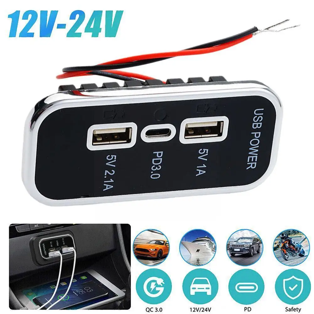 

3 Ports 35.5W PD Type-C 2.1A 1A USB Car Charger Socket 12/24V For Motorcycle Auto Truck ATV Boat RV Bus Power Adapter Outle