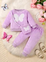Winter  0-1  Years  Old  Infant  Baby  Girls  Butterfly   Embroidery   Pattern   Woolen  Style  Long Sleeved  2-Piece  Set
