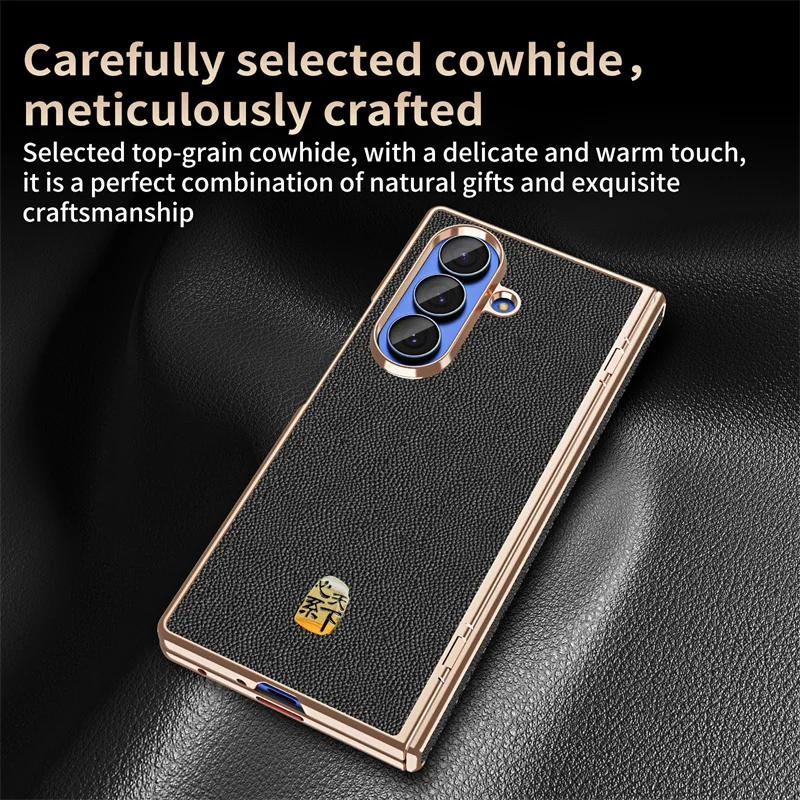 Luxury Genuine Leather Magnetic Phone Case with Hinge Screen Protector Film Cover