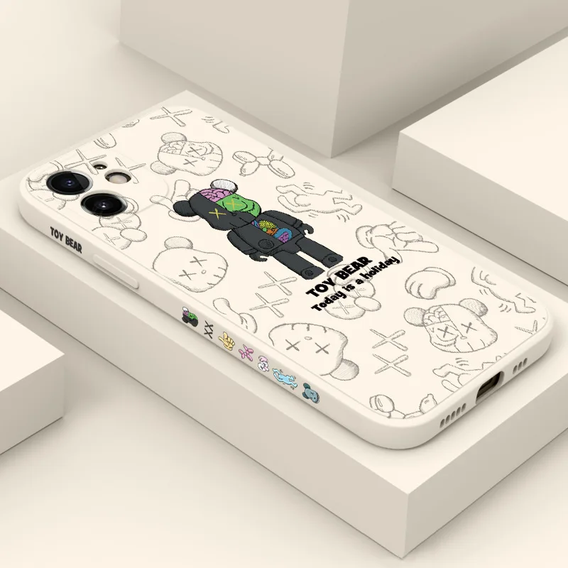 Fashion Side Liquid Graffiti Toy Bear Case For iPhone 11 12 13 Pro Max Mini 7 8 Plus XR X XS MAX Trend Original Luxury Cover | Мобильные