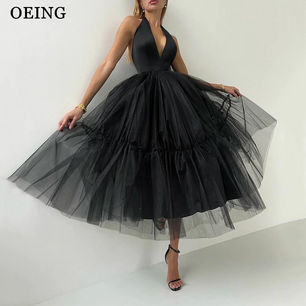 

OEING Elegant Black Prom Dresses Sexy Deep V Neck Suspender Tea Length Women Evening Gown Wedding Party Dress Vestidos De Noche