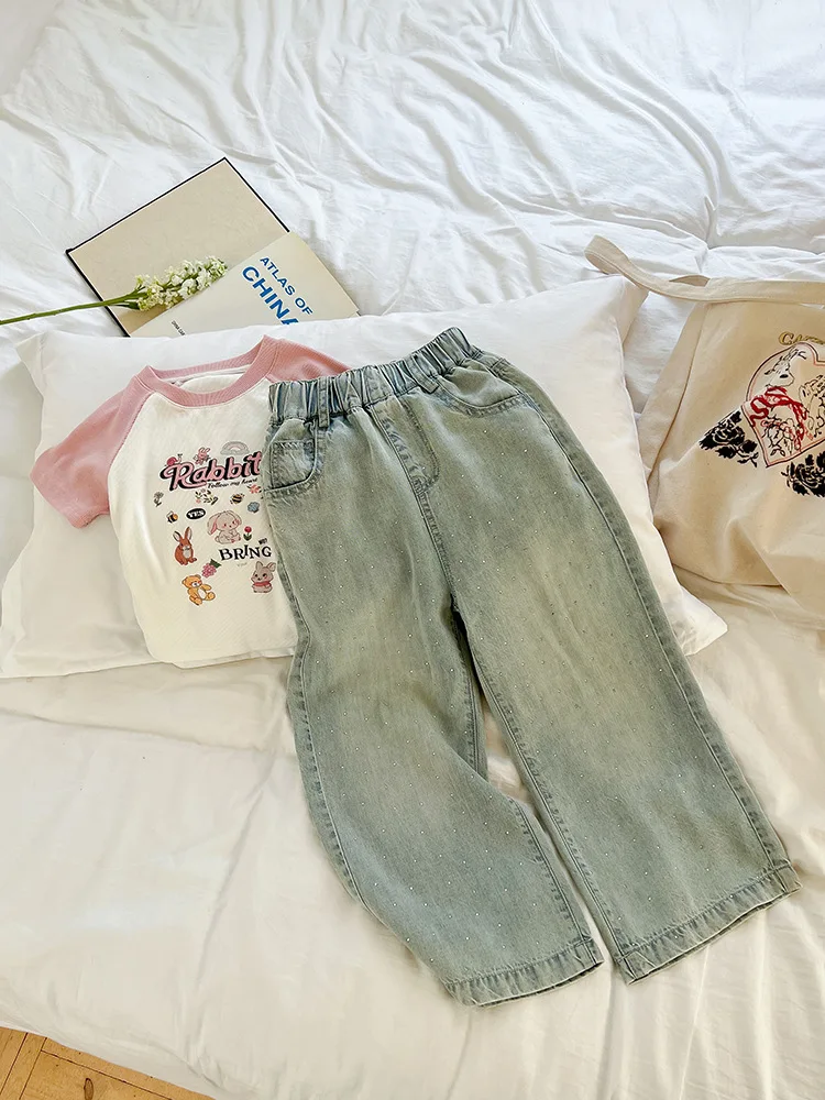 아동복 여아용 데님 바지, 신상 유행 통기성 얇은 청바지, 캐주얼 전체 길이 스트레이트 레그 바지, 2024