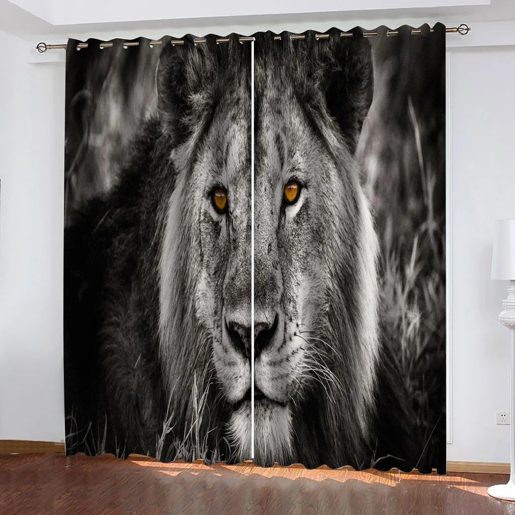 

Living Room Curtains 2 Pieces Free Shipping 3D Animal Black And White Lion 2 Pieces Shading Window Curtains For Bedroom