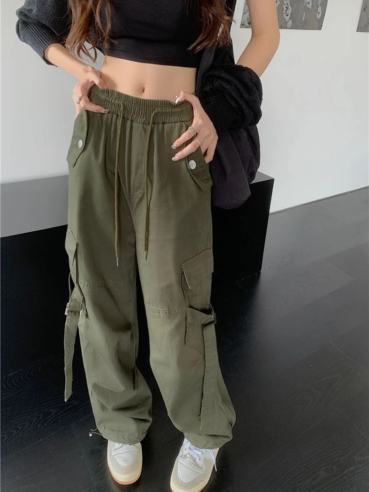 

ADAgirl Green Vintage Women Cargo Pants Y2k High Waist Drawstring Loose Lady Wide Leg Trousers Streetwear Female Joggers 2023