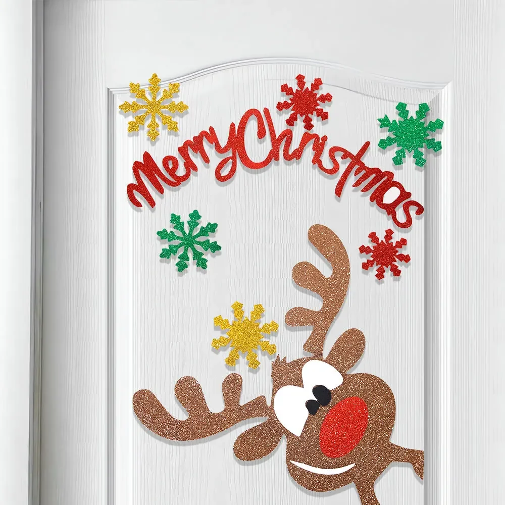 Pegatinas navideñas para puertas y ventanas, de tela de fieltro, con dibujos de muñeco de nieve, Papá Noel y alce, para decoración de invierno, Navidad y Año Nuevo