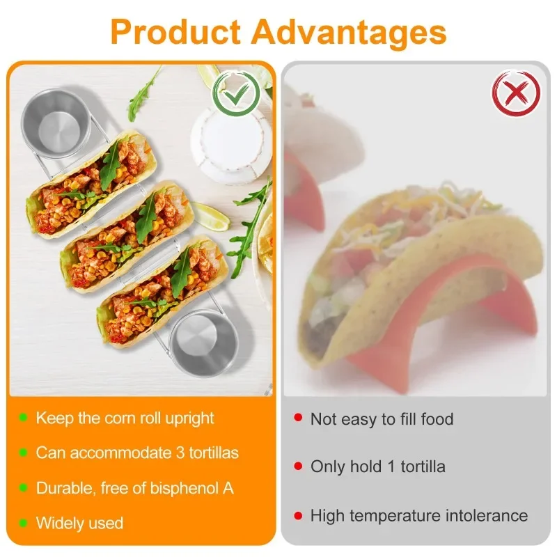 Taco Stand with Spoon Salad Cup Stainless Steel Taco Holder Set Rustproof Rack Set Burritos Tortilla Rack Cooking Tools