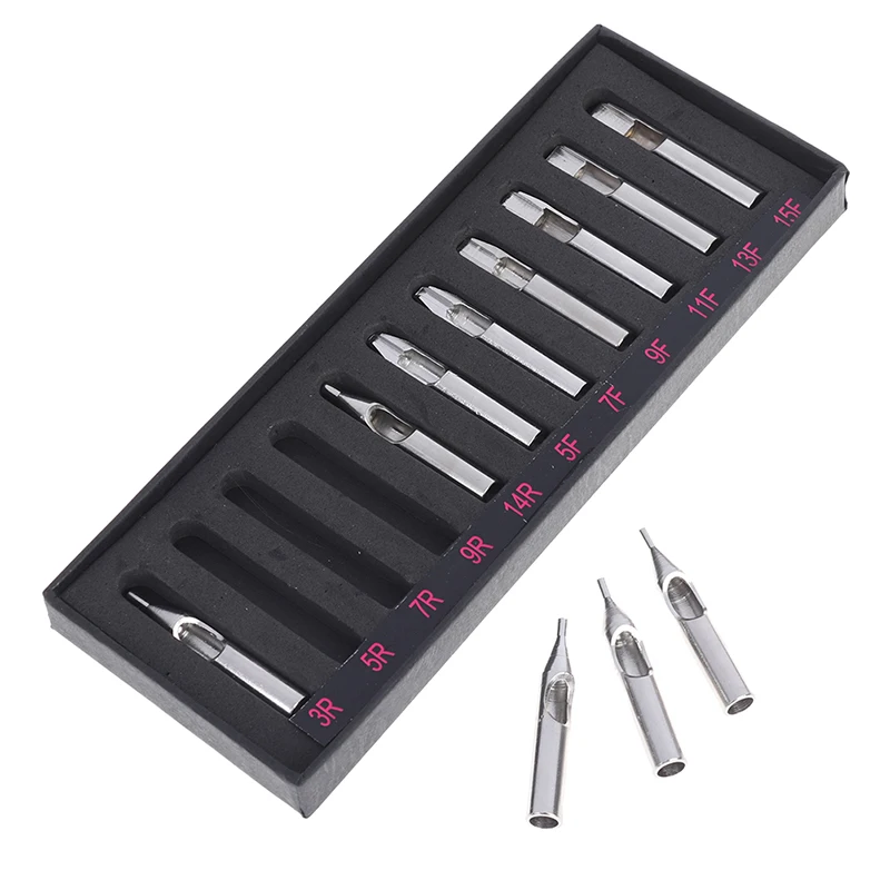 11 Pcs Stainless Steel Tattoo Tips Set Mixed RT FT DT Round Flat Diamond Assorted Types Tattoo Tip Tube Machine
