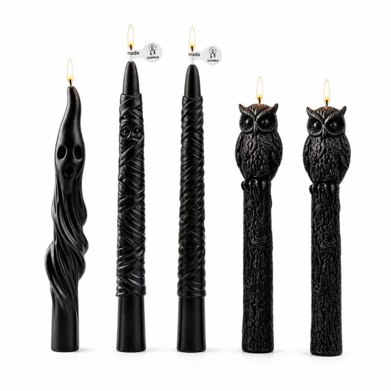 Halloween Taper Candles - Black Spooky Shapes for Gothic Table Decor Halloween Decorative Candles Black Taper Candle Mummy Ghost Owl Long Candles for Holiday Decoration 6