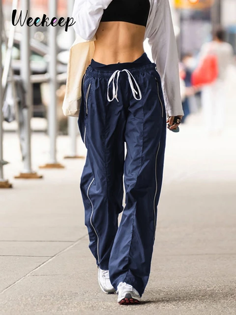 Weekeep-pantalones de chándal informales mujer, ropa de calle con rayas laterales, elásticos, de tiro bajo, rectos, estético, Coreano _ - AliExpress Mobile