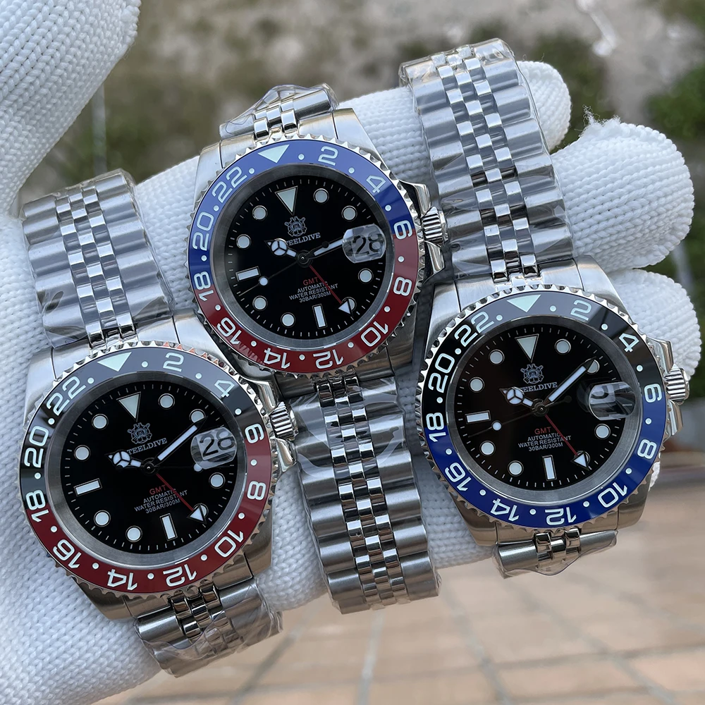 

Мужские часы STEELDIVE SD1993 NH34 с механическим механизмом и четырьмя указателями GMT C3 Swiss светящиеся водонепроницаемые часы 300 м с керамической рамкой