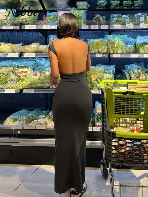 Nibber solide Sexy dos nu robe Maxi femmes élégant élastique mince à manches courtes robes longues femme moulante vêtements de rue